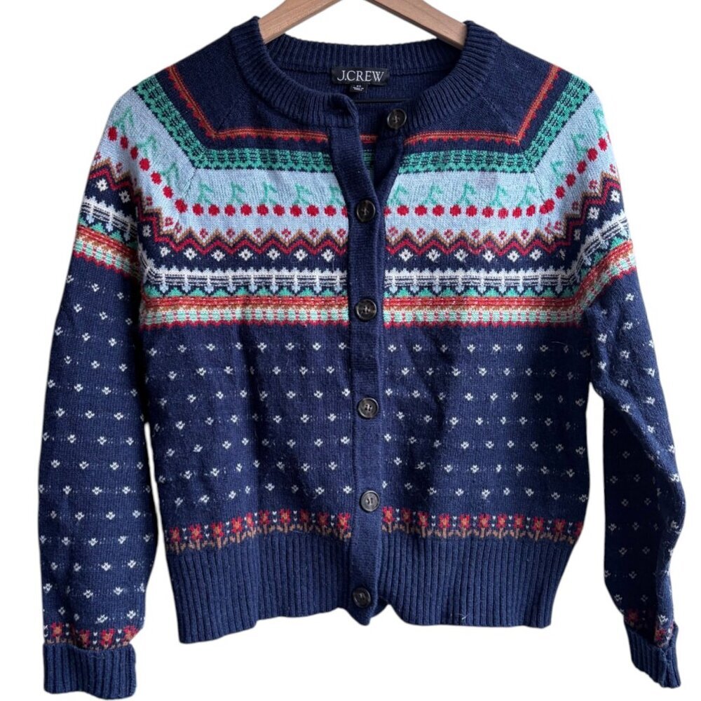 J.Crew Fair Isle Cherry Cherry wool blend Cardigan navy lambswool whimsical XS